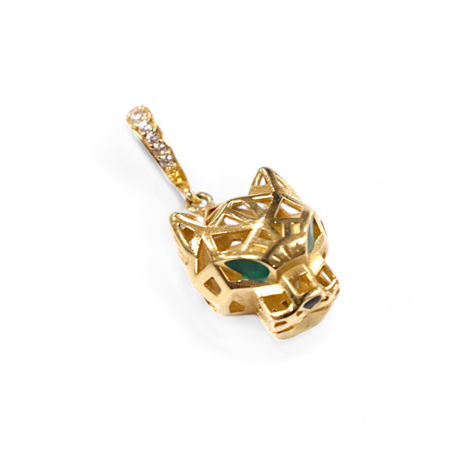 A modern Cartier style pierced 18k and emerald? set pendant, modelled as a leopard's head, with diamond chip set bale, overall 27mm, gross weight 2.5 grams. Condition - fair